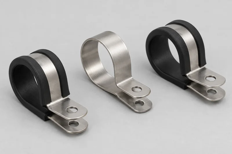 Rubber-lined and plain stainless P-shaped mounting clip appearance examples