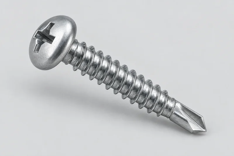 Generic pan-head self-drilling screw illustration with a cross recess, tapping thread and fluted drill point; not a dimensioned or factory product photograph.