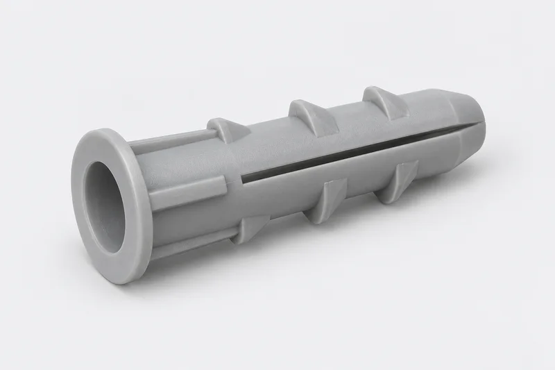 AI-generated generic unexpanded plastic plug sleeve with rim and split expansion section; short-plug appearance example only