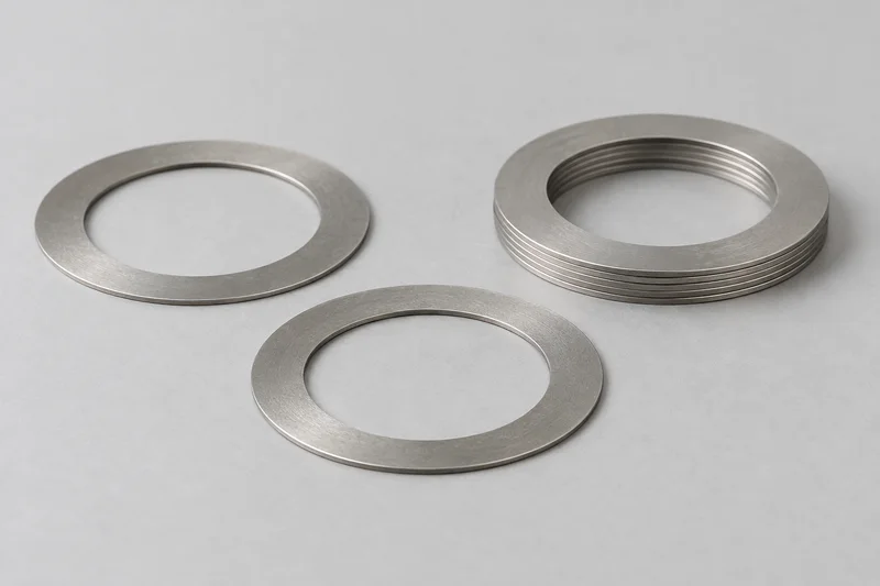 AI-rendered reference of separate thin flat metal shim rings and a short aligned shim-ring pack; no dimensions, measured precision or supplied-product identity.