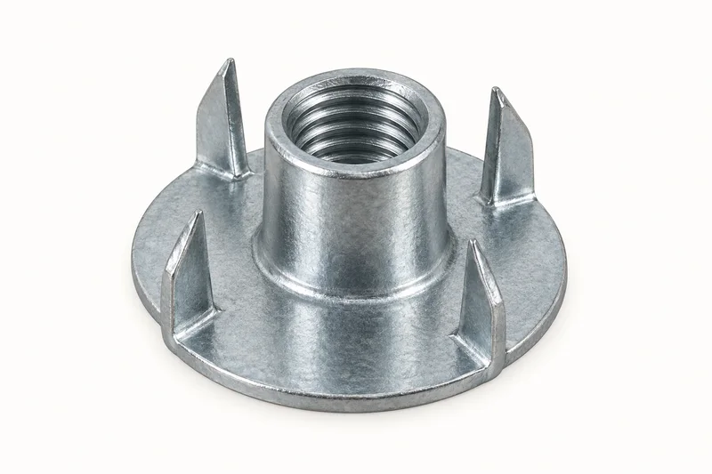AI-generated generic pronged tee nut with internally threaded barrel, flange and four prongs; uninstalled appearance reference
