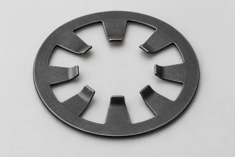 AI appearance reference of one external push-on retaining ring with a continuous flat rim and inward-facing spring prongs; no shaft, threads or split gap