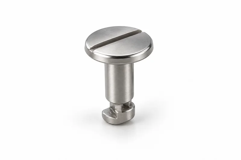 AI-generated generic unthreaded quarter-turn stud with slotted head and cam-ended shank; not a supplied model or matched assembly