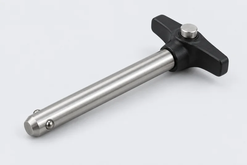 Representative T-handle push-button ball-lock pin with a smooth shank and opposing retention balls near the tip