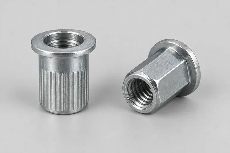 Generic uninstalled round knurled and hexagonal rivet nuts with flange heads and internal female threads