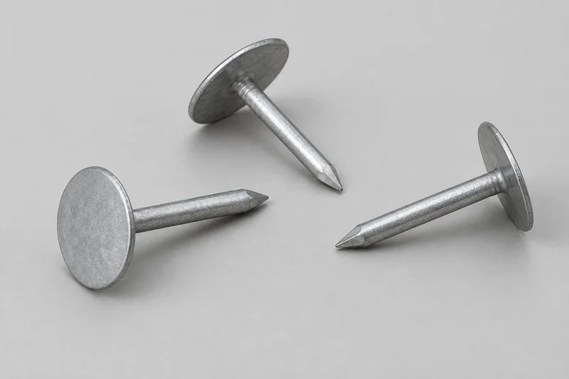 AI reference illustration of loose smooth-shank roofing nails with broad flat round heads and pointed tips