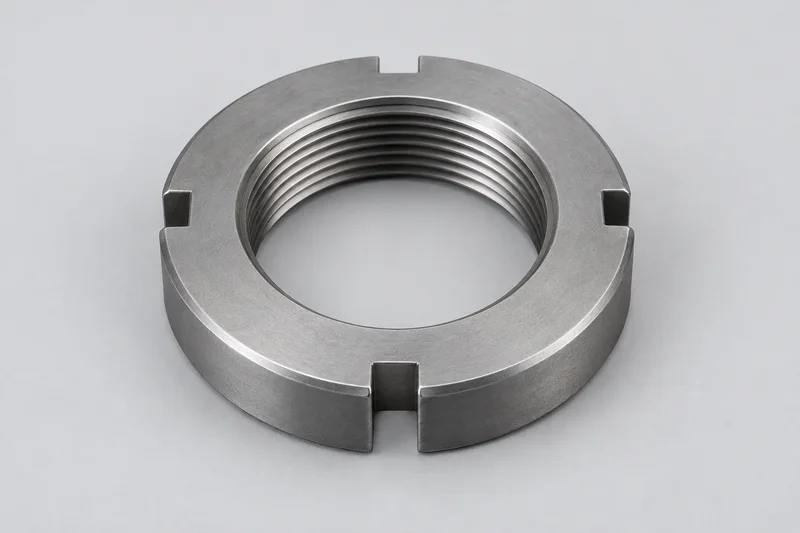 AI-rendered low cylindrical round nut with internally threaded through hole and peripheral hook-spanner slots; plain generic structure, not factory photography or an installed locking system