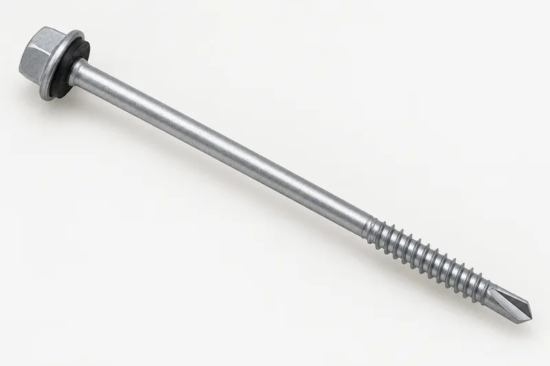 AI-generated generic long hex-head panel fastener with sealing-washer appearance, plain shank, lower thread and fluted drill point; not an exact supplied part or installed assembly.