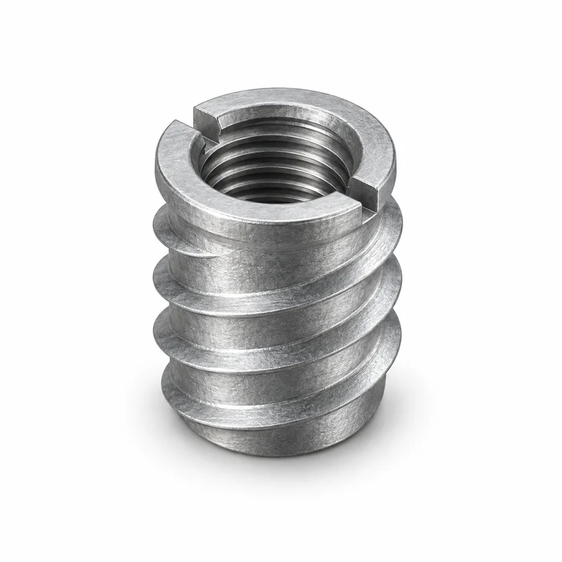 AI-generated generic slotted screw-in wood insert with distinct external engagement profile and internal machine thread; appearance reference only.