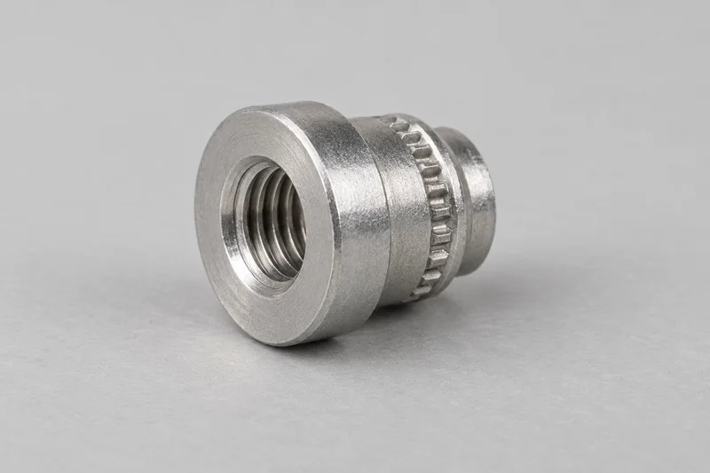 AI-generated generic round self-clinching nut with a female thread and short retaining shank