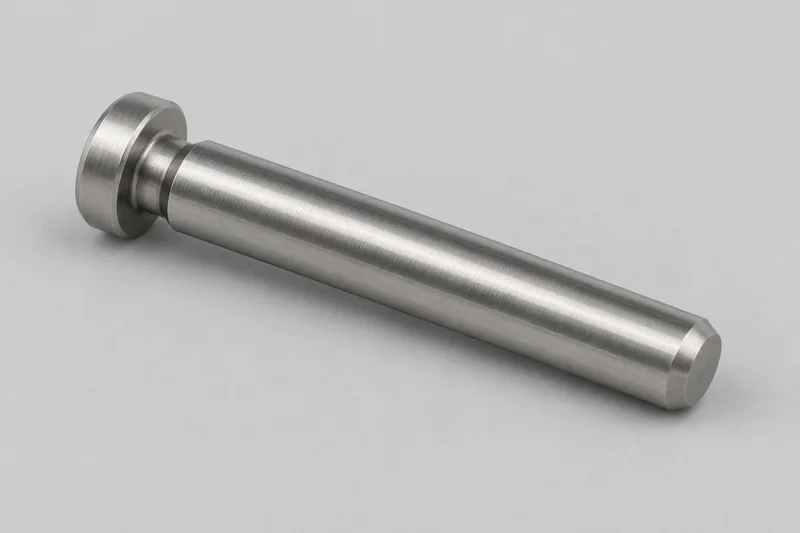 AI-rendered generic self-clinching locating pin with a solid smooth unthreaded shank, chamfered end and compact head with an undercut mounting feature; not an exact maker model or factory photograph