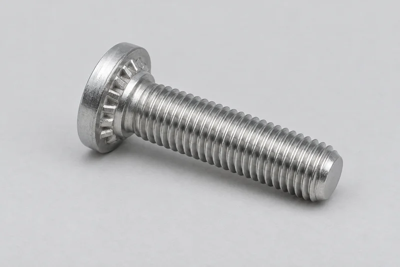 AI-generated generic threaded clinch stud with a flat round head and retaining ribs