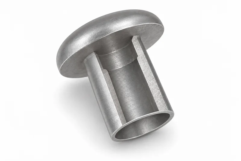 AI-generated generic uninstalled semi-tubular self-piercing rivet cutaway showing a closed head and blind tail cavity