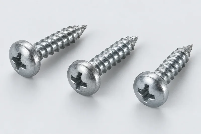 Silver pan-head self-tapping screws with spaced threads and pointed tips