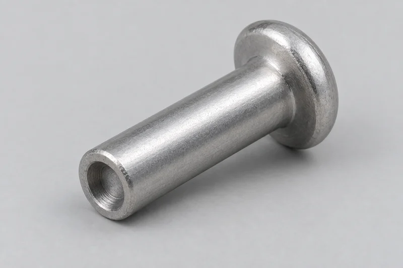 Generic uninstalled semi-tubular rivet with a closed rounded head, smooth shank and short blind cavity at the tail