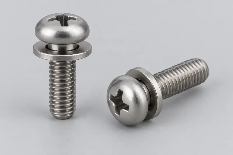 AI-generated generic pan-head SEMS screws with separate captive plain washers beneath the heads
