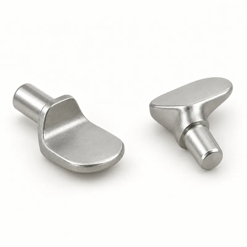 AI-generated generic cabinet shelf support pegs with short cylindrical insertion pins, shoulders and flattened bearing surfaces
