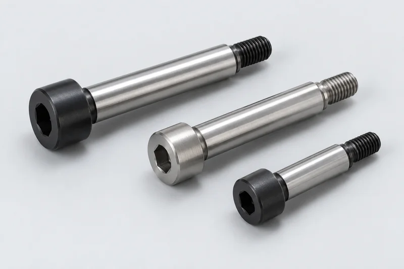 Three socket-head shoulder screws with smooth cylindrical shoulders and smaller short threaded ends