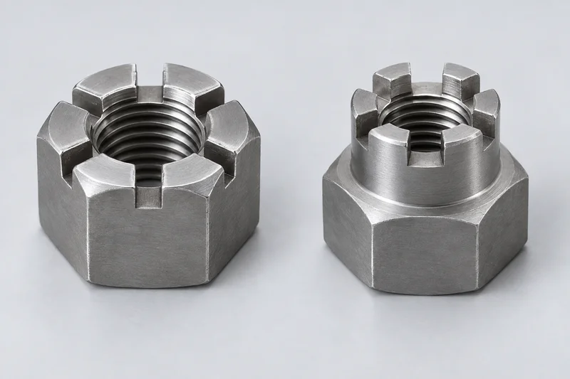 Generic illustration contrasting a full-width hexagon slotted nut and a reduced-round-crown castle nut; not an actual factory photograph.