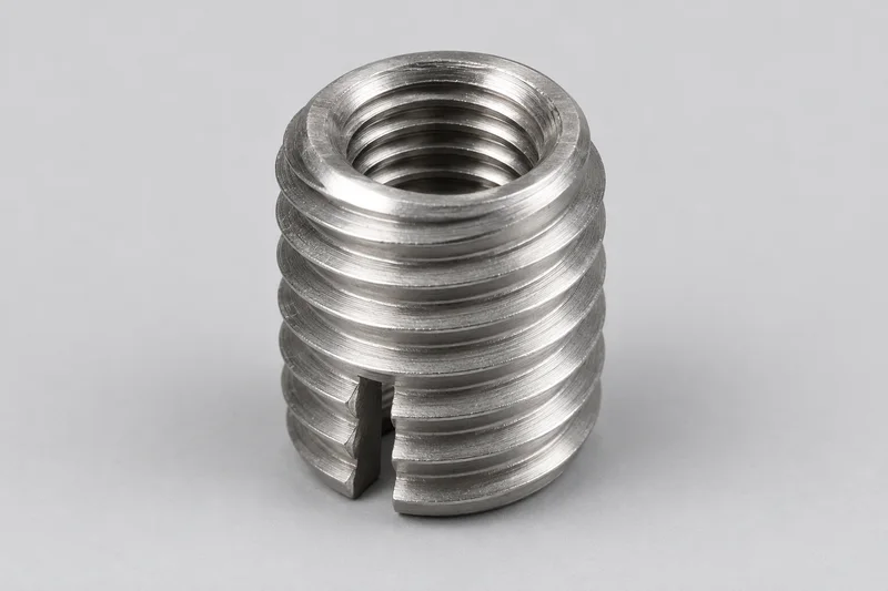 AI-generated reference of a slotted solid metal thread insert with internal and external threads; not a wire coil or supplied-product evidence