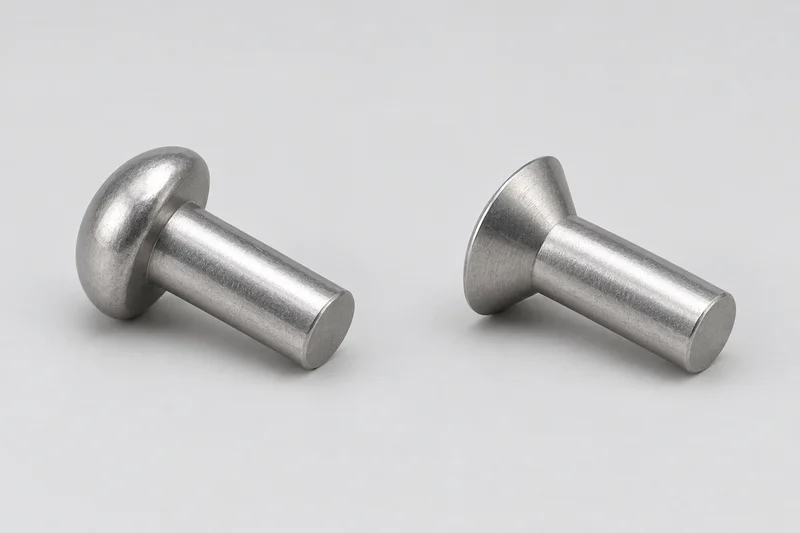 Illustrative uninstalled round-head and countersunk-head solid rivets with smooth cylindrical shanks and flat solid tails