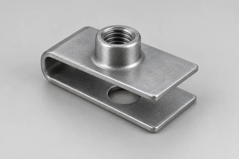 AI-rendered U-shaped panel-edge clip nut with thin folded arms, raised internally threaded barrel and lower clearance opening; generic structure, not factory photography
