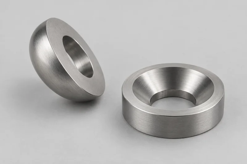 AI-rendered reference of a spherical upper washer and a separate conical lower seat with aligned bores; not a dimensioned drawing or supplied products.