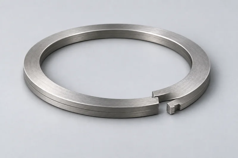 Independent appearance reference of a flat-wire two-turn spiral retaining ring with overlapping layers and no plier ears