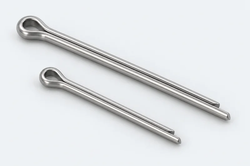 Two straight-legged split cotter pins with looped eyes and unequal leg tips, generic illustrative reference