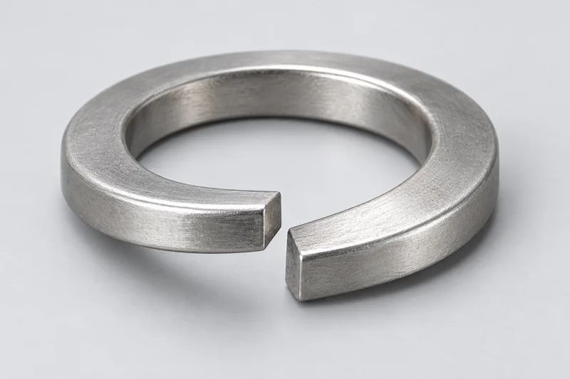 Generic structural illustration of a single-turn split spring washer with flat ends, a visible gap and axial end offset; not an actual factory photograph.