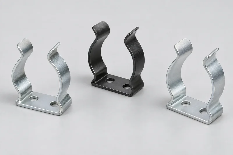 Formed spring steel tool-retaining clips with curved jaws and mounting bases