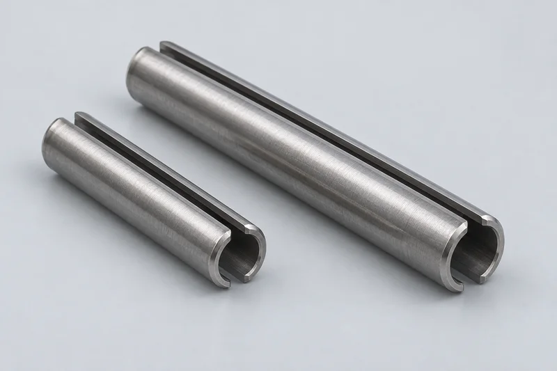 Two headless slotted spring pins with hollow C-shaped ends and straight longitudinal slots; illustrative reference, not coiled pins