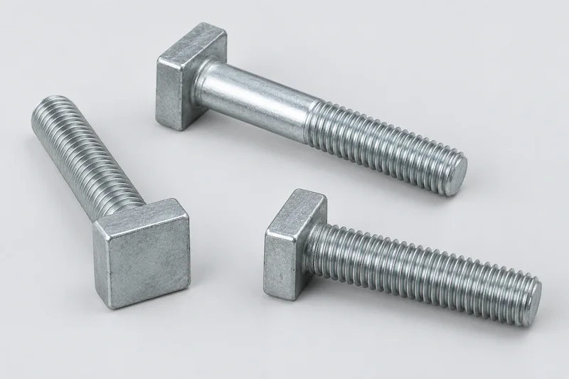 Three silver square-headed machine-thread bolts with full and partial threaded shanks