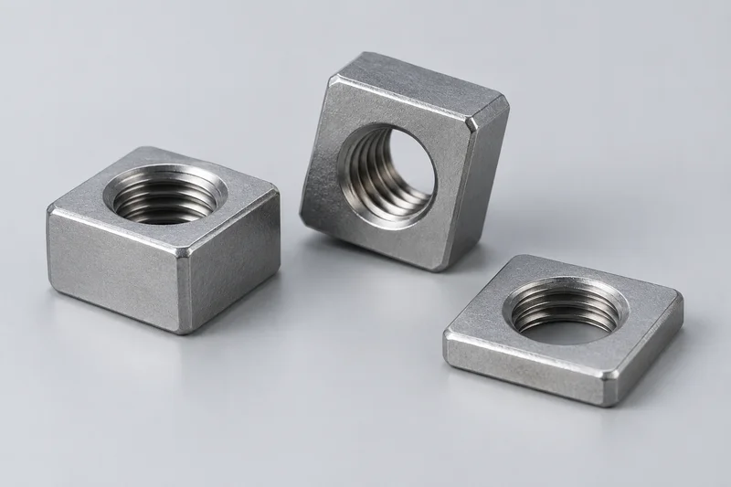 Generic rendered appearance of four-sided square nuts with internal threaded openings; not an actual factory product photograph.