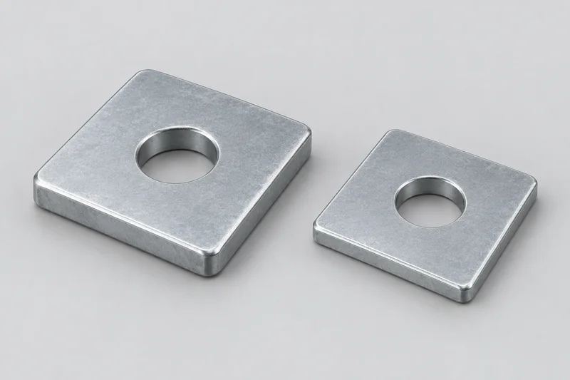 Generic illustration of flat square plate washers with centered round clearance holes and parallel faces; not an actual factory photograph.