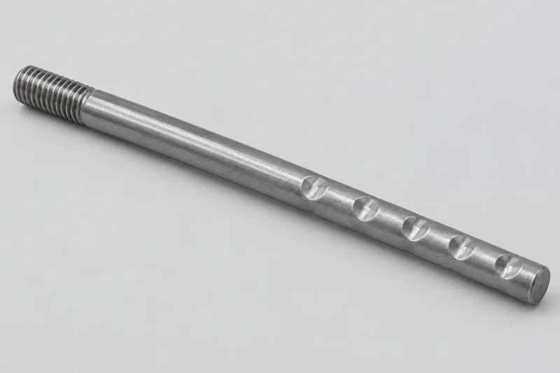 AI-generated headless straight round anchor rod with a short threaded end, smooth middle and pressed dimples toward the other end; generic appearance, not an actual supplied part