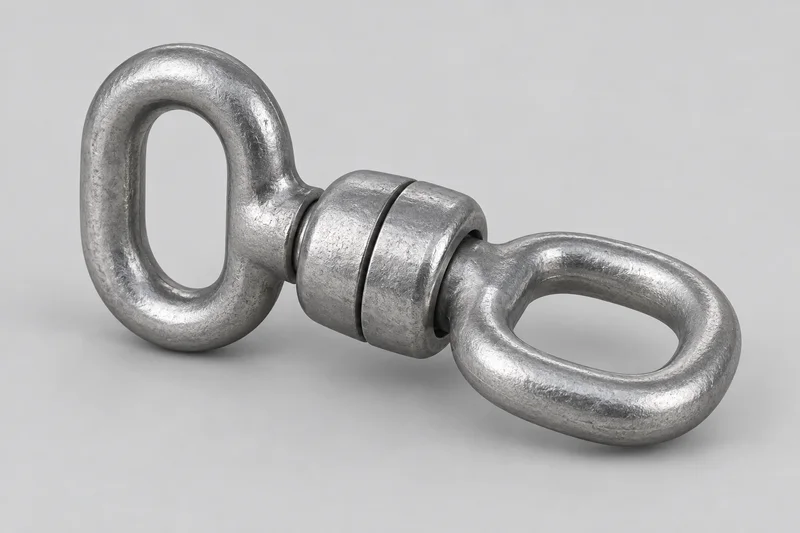 Reference illustration of an inline eye-and-eye swivel connector with two closed eyes joined at a central rotating joint; not a fixed eye nut or dimensional drawing.