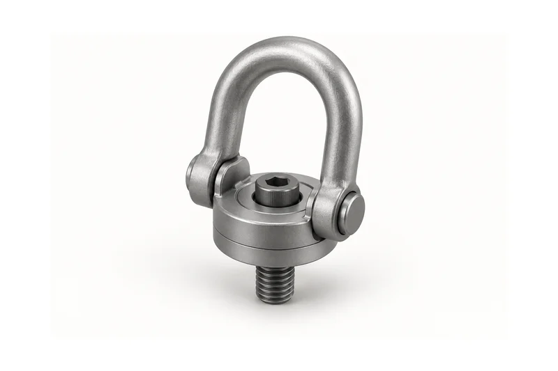 AI reference of a generic bolted swivel hoist ring with pivoting bail, circular base and projecting threaded shank.