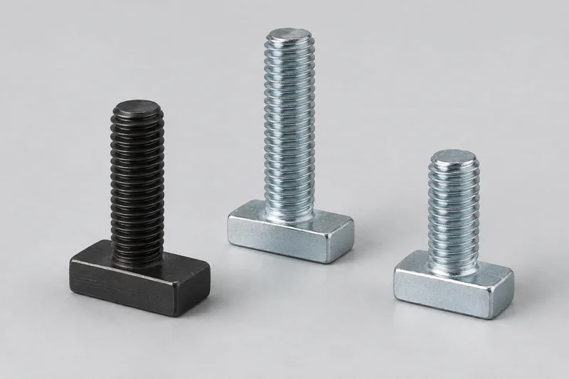 Three rectangular T-head bolt appearance examples in silver and black finishes