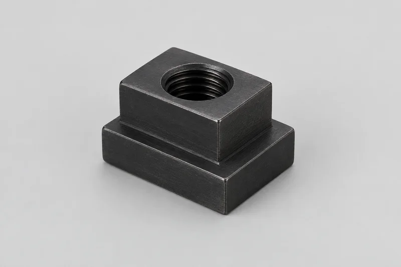 AI-rendered stepped T-slot nut with raised neck, wider rectangular base and central threaded opening; generic structure reference, not factory photography