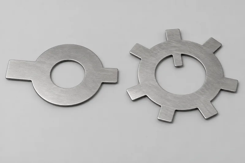 AI-rendered reference of a long/short external-tab washer and a bearing-lock washer with one inner tab and broad outer tongues; not actual supplied products.