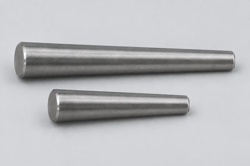 Two plain headless metal taper pins with gently narrowing smooth bodies, illustrative reference