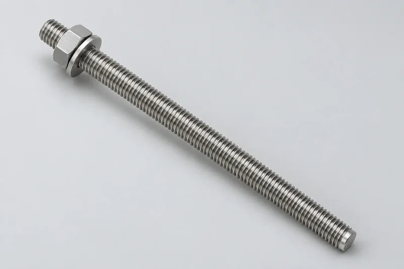 Independent appearance illustration of a fully threaded metal anchor rod with one nut, one washer and a blunt chamfered end; no adhesive shown