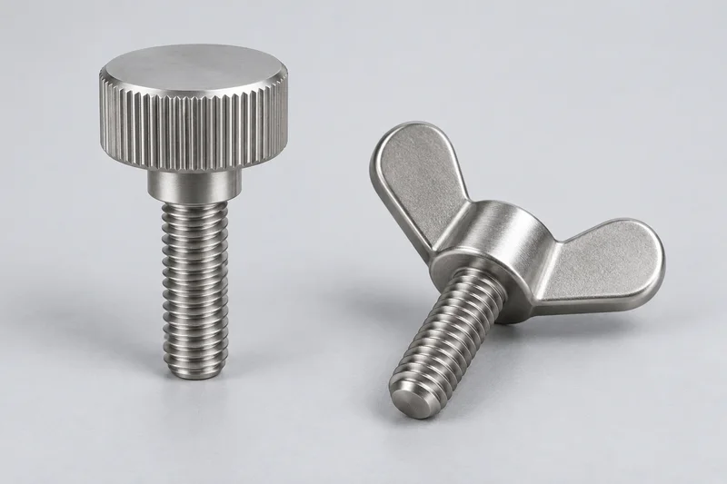 AI-generated generic knurled thumb screw and rounded wing screw with external threaded shanks