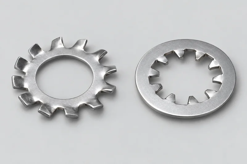 Generic structural illustration contrasting external and internal toothed washer forms; not a dimensioned drawing or actual factory photograph.