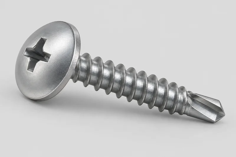Generic modified-truss self-drilling screw illustration with a broad low rounded head, cross recess, tapping thread and fluted drill point; not a dimensioned factory photograph.