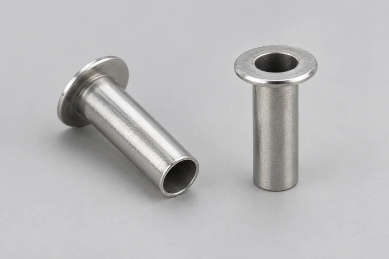 Generic uninstalled thin-walled tubular rivets with annular flange heads and open bores, shown from head and tail views