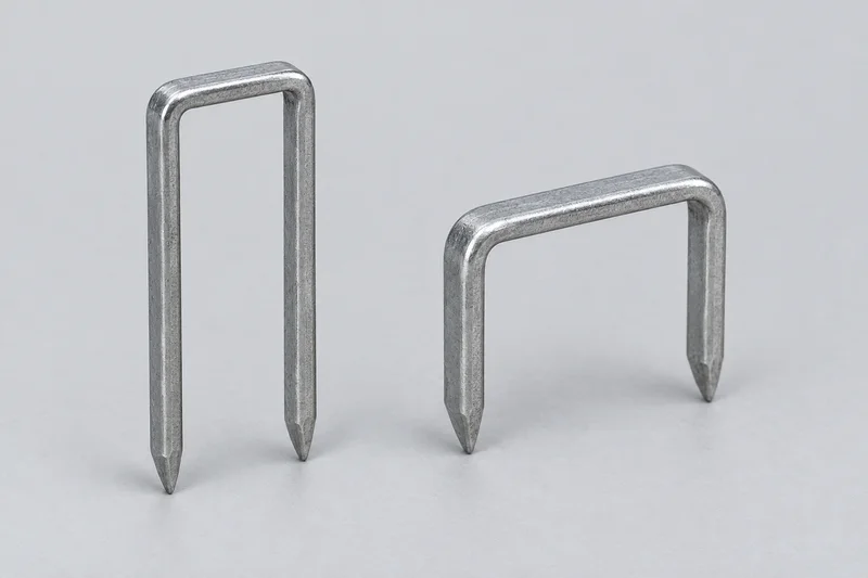 AI-generated generic flat-crown two-leg wire staples with two equal straight pointed legs; appearance reference only