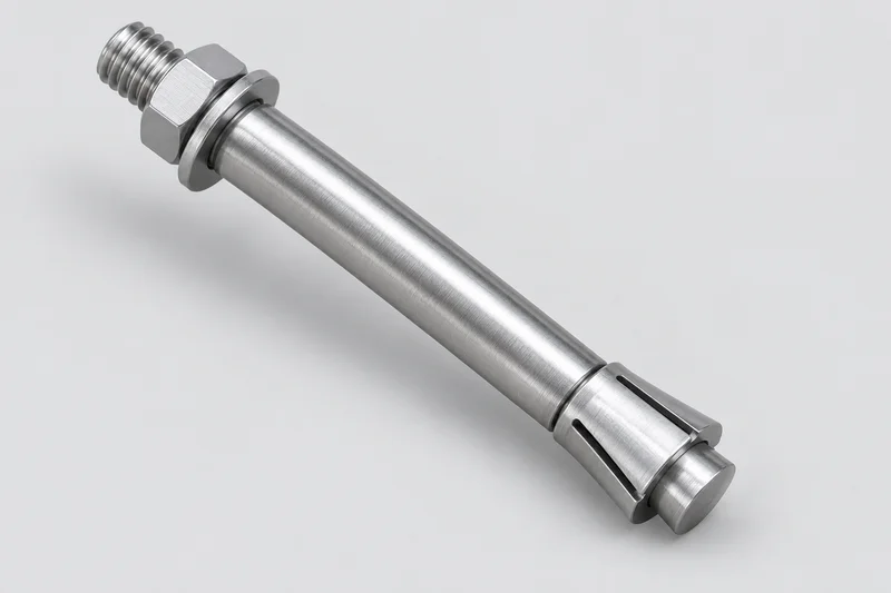 Independent appearance illustration of a sleeve-and-cone undercut anchor with an external threaded end, hex nut and washer