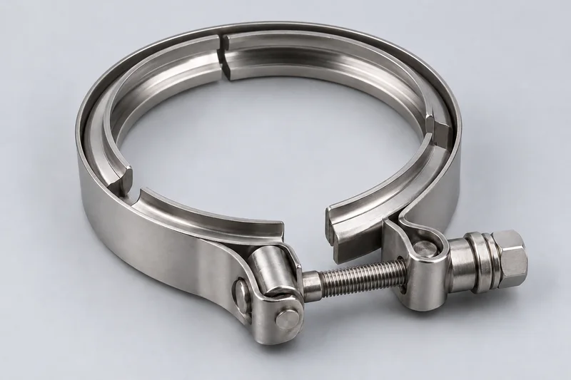 AI-generated appearance reference of a segmented V-band flange clamp with an outer strap and one T-bolt closure